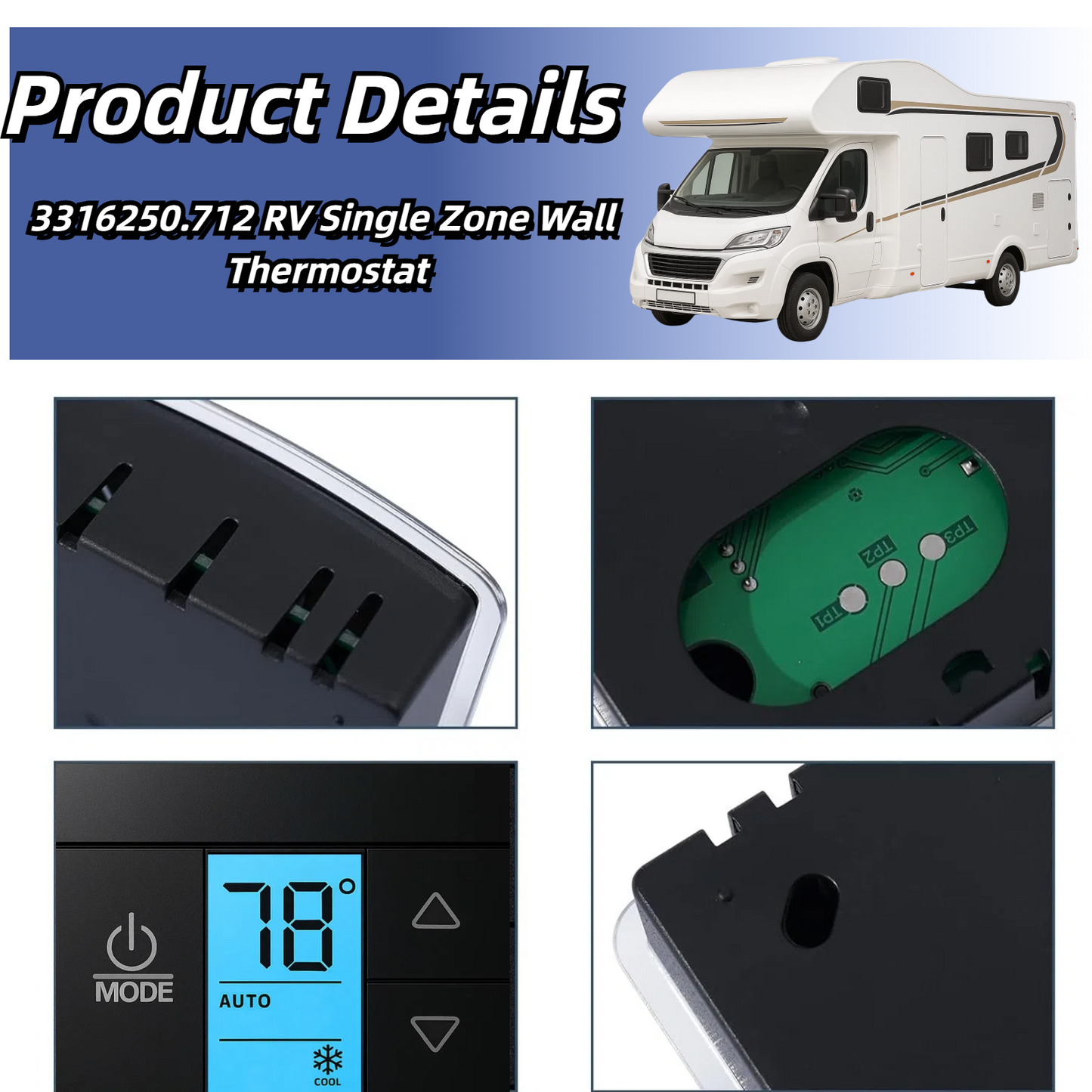 RV Thermostat Compatible with Dometic 3316250.712, Single Zone Control for Cool/Heat, 12V DC, Capacitive Touch, Blue Backlight